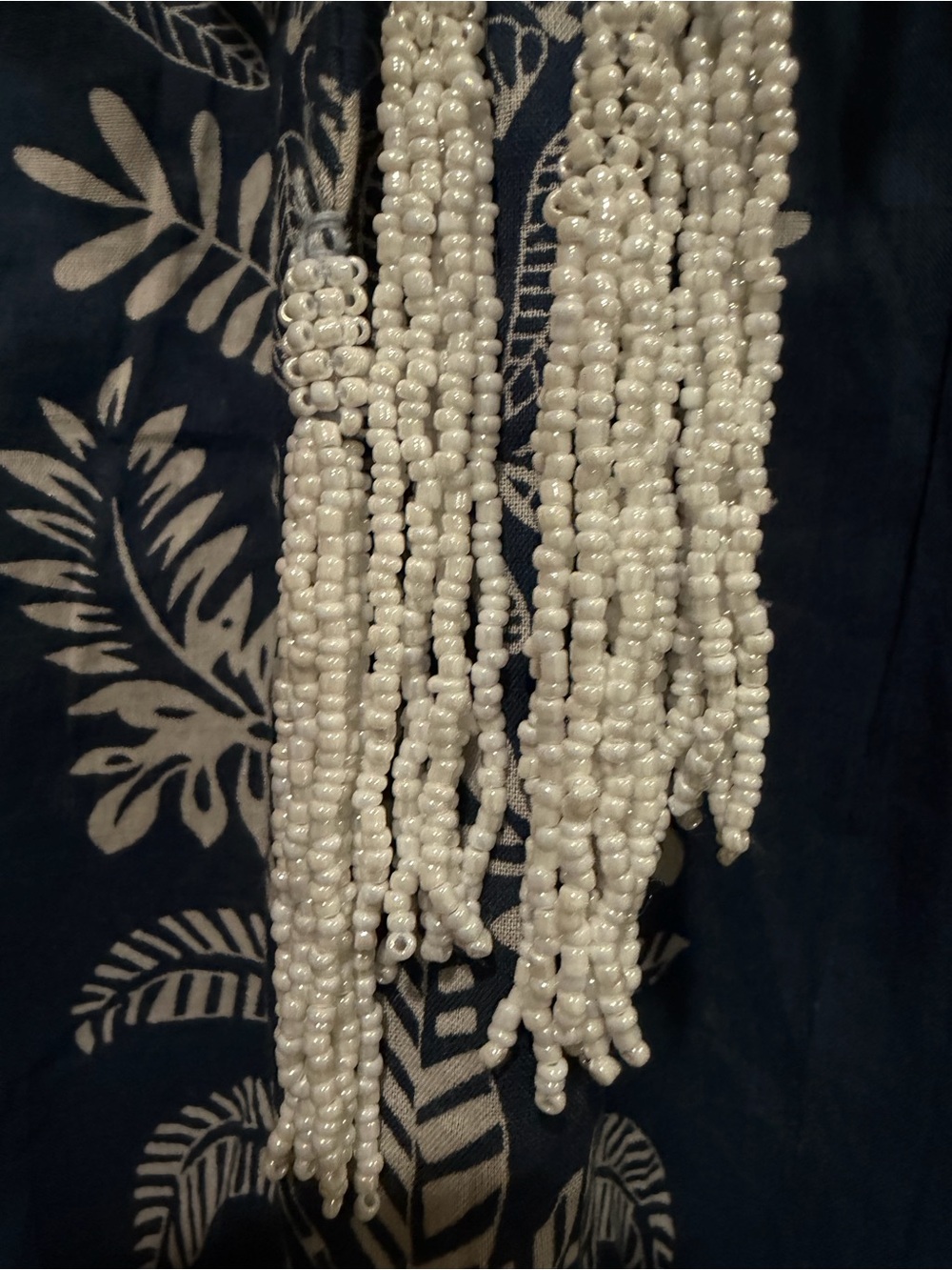 Navy & White Bohemian Boho Peasant Blouse with Tie Beaded Neck & Abalone Button - Picture 5 of 9
